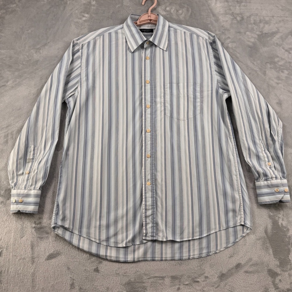 Canali Dress Shirt Men's Large Blue Striped 100% Cotton Barrel Cuff Office